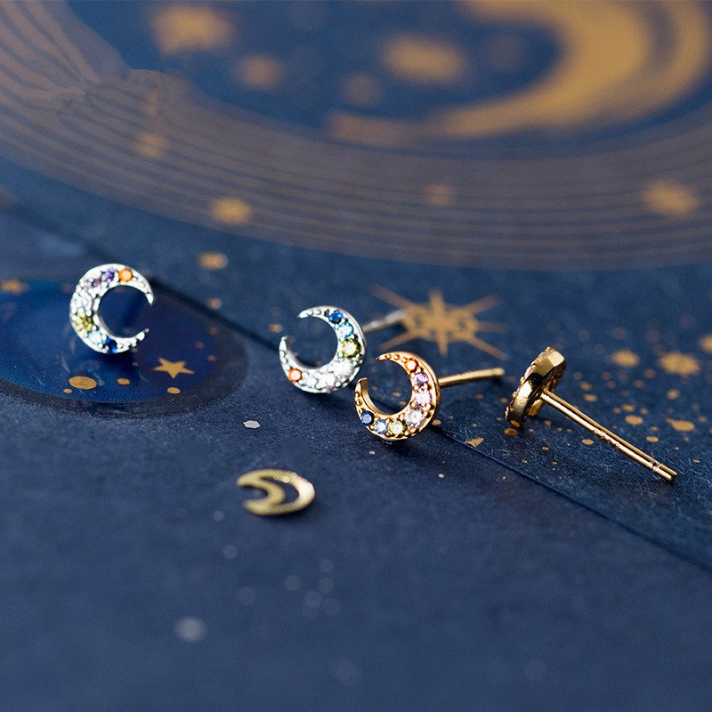 Multicolored Zircon Moon Stud Earrings - Image 3