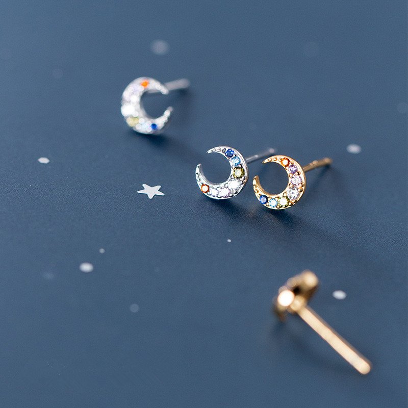 Multicolored Zircon Moon Stud Earrings - Image 2